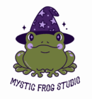 A cartoon frog wearing a purple wizard hat decorated with white stars sits at the center of the image. Below the frog, the text "MYSTIC FROG STUDIO" is displayed in a playful font, emphasizing the whimsical theme.